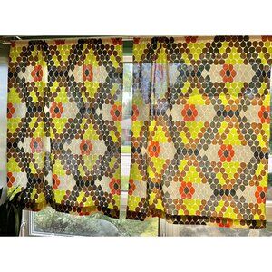 Vintage 70s curtains, groovy bold colors, orange brown geometric panels, kitsch